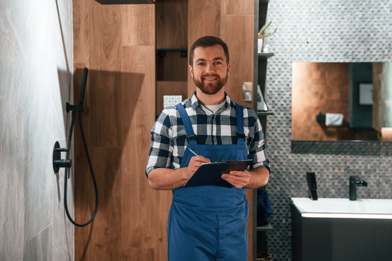 Standing and holding notepad. Plumber in blue uniform is at work in the bathroom